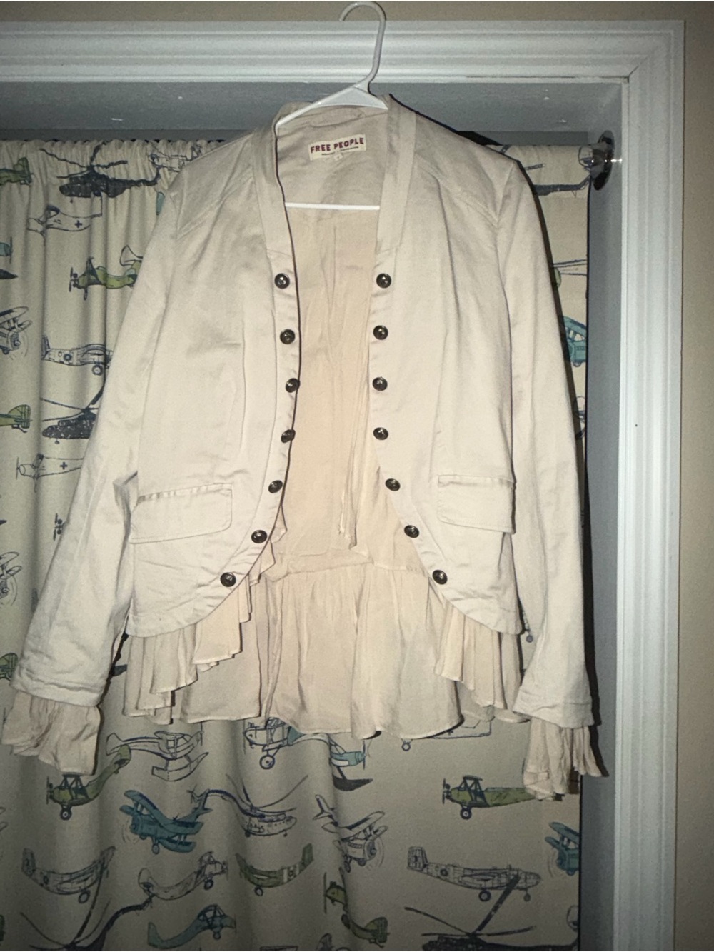 Free People Ivory Ruffle Military-Style Jacket